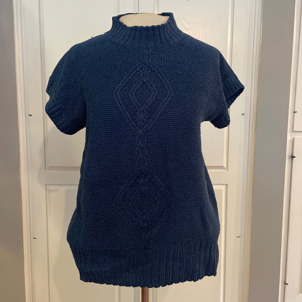 Vintage Nuons Knit Top‎ Short Sleeve Blue Cable Mock Neck Silk Rayon Sweater